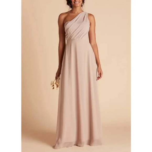 NWT Birdy Grey Kira Maxi Dress Asymmetrical One-Shoulder A-Line Chiffon Taupe S - Picture 1 of 5